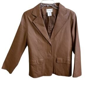 Chadwicks Leather Blazer Jacket Women's Size 8 Brown Tan Pockets 2 Button